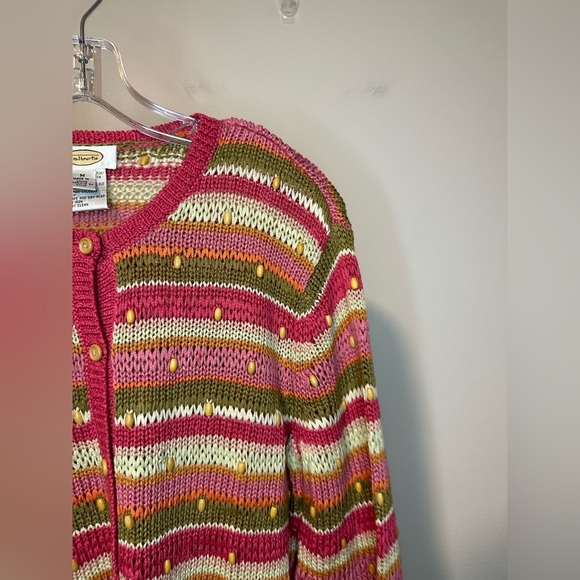 Talbots Striped Cardigan Sweater Knit Wood Beads Cottagecore Boho Y2K Sz Medium - Picture 2 of 5